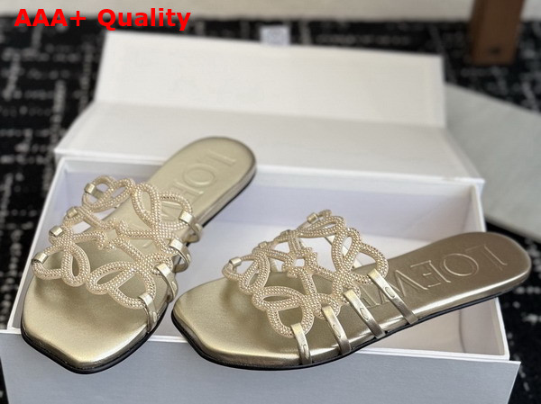 Loewe Petal Anagram Slide in Rhinestone Embellished Suede Light Gold Replica