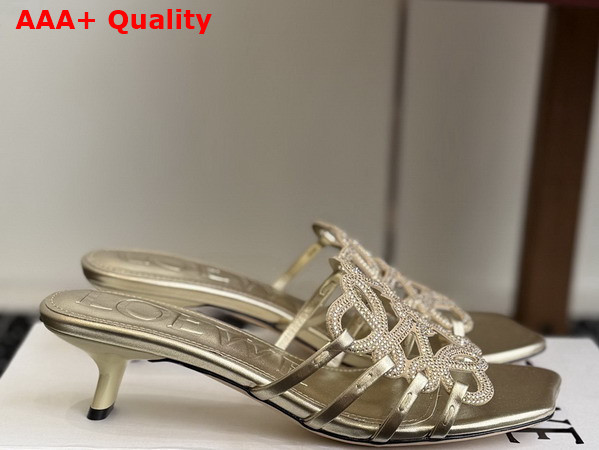 Loewe Petal Anagram Slide in Rhinestone Embellished Suede Light Gold Replica