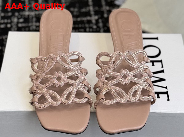 Loewe Petal Anagram Slide in Rhinestone Embellished Suede Light Taupe Replica