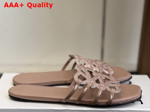 Loewe Petal Anagram Slide in Rhinestone Embellished Suede Light Taupe Replica