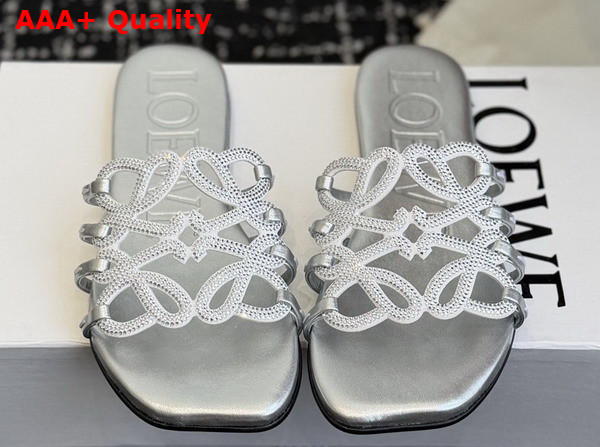 Loewe Petal Anagram Slide in Rhinestone Embellished Suede Silver Replica