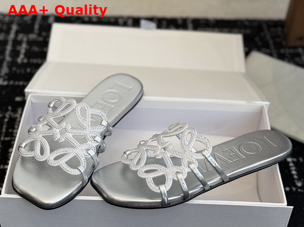 Loewe Petal Anagram Slide in Rhinestone Embellished Suede Silver Replica