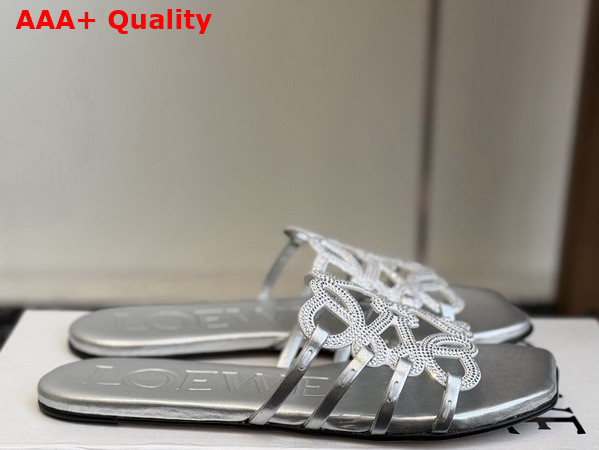 Loewe Petal Anagram Slide in Rhinestone Embellished Suede Silver Replica