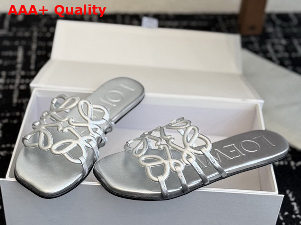 Loewe Petal Anagram Slide in Silver Laminated Lambskin Replica