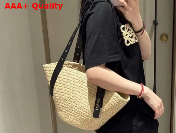 Loewe Punch Hole Basket Bag in Raffia and Calfskin Natural and Black Replica