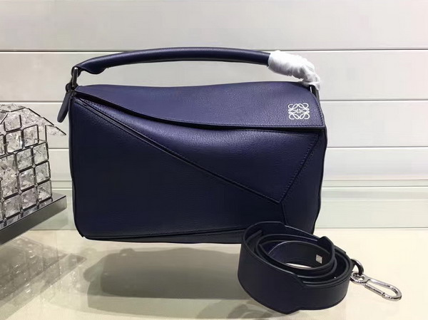 Loewe Puzzle Shoulder Bag in Navy Blue Calf Leather with Embossed Anagram For Sale