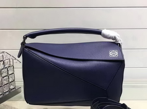 Loewe Puzzle Shoulder Bag in Navy Blue Calf Leather with Embossed Anagram For Sale