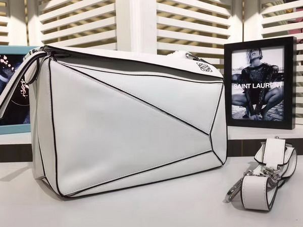 Loewe Puzzle Shoulder Bag in White Calfskin with Embossed Anagram For Sale