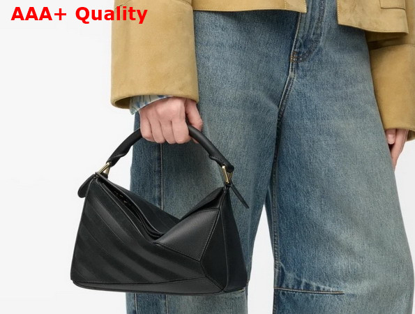Loewe Puzzle Small Leather and Suede Top Handbag in Black Replica