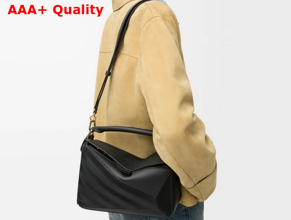 Loewe Puzzle Small Leather and Suede Top Handbag in Black Replica