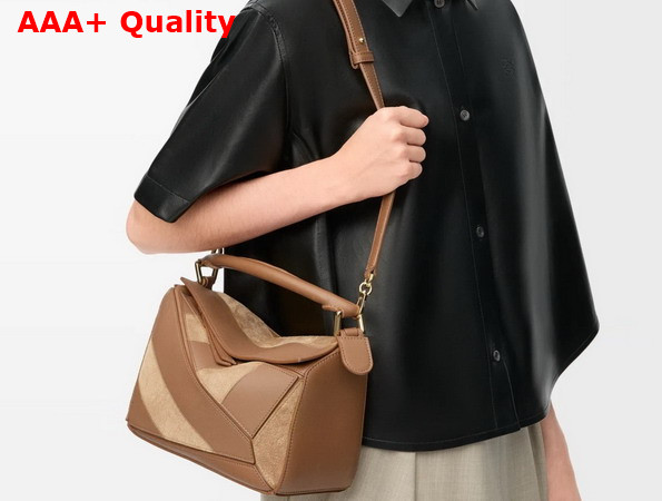 Loewe Puzzle Small Leather and Suede Top Handbag in Brown Replica