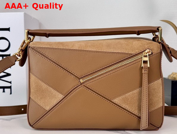Loewe Puzzle Small Leather and Suede Top Handbag in Brown Replica