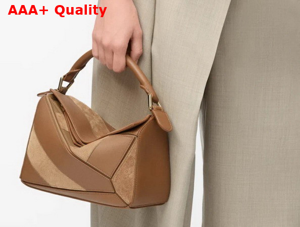 Loewe Puzzle Small Leather and Suede Top Handbag in Brown Replica