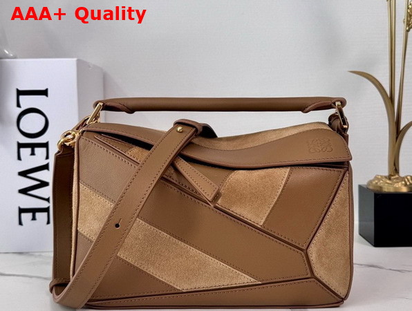 Loewe Puzzle Small Leather and Suede Top Handbag in Brown Replica