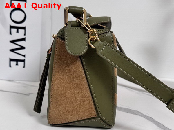 Loewe Puzzle Small Leather and Suede Top Handbag in Green and Brown Replica