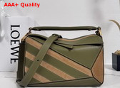 Loewe Puzzle Small Leather and Suede Top Handbag in Green and Brown Replica