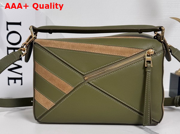 Loewe Puzzle Small Leather and Suede Top Handbag in Green and Brown Replica