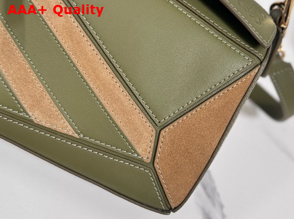 Loewe Puzzle Small Leather and Suede Top Handbag in Green and Brown Replica