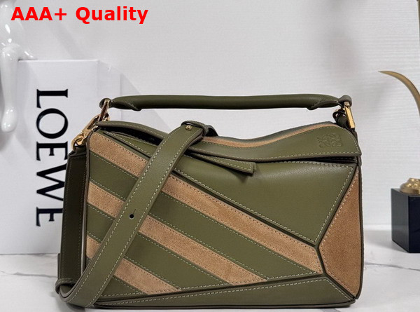 Loewe Puzzle Small Leather and Suede Top Handbag in Green and Brown Replica