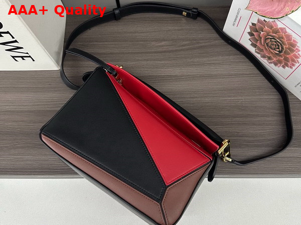 Loewe Small Puzzle Bag Black Red and Tan Classic Calfskin Replica