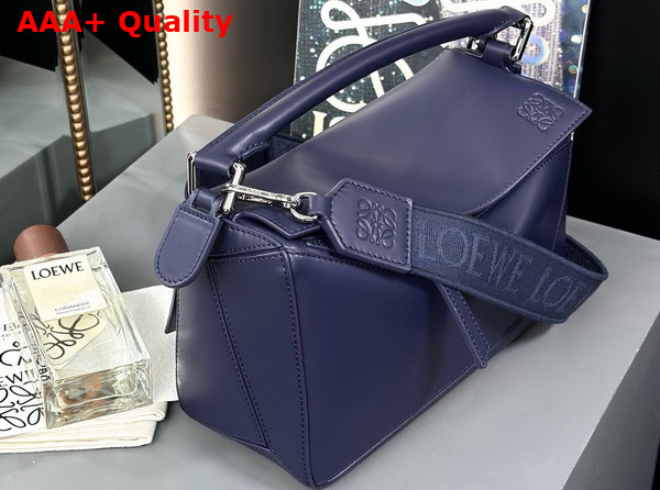 Loewe Small Puzzle Bag in Abyss Blue Satin Calfskin with Adjustable Canvas Shoulder Strap Replica