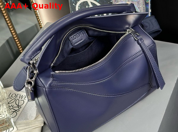 Loewe Small Puzzle Bag in Abyss Blue Satin Calfskin with Adjustable Canvas Shoulder Strap Replica