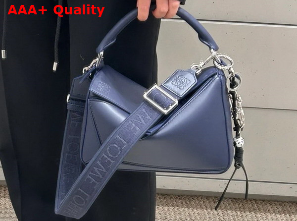 Loewe Small Puzzle Bag in Abyss Blue Satin Calfskin with Adjustable Canvas Shoulder Strap Replica