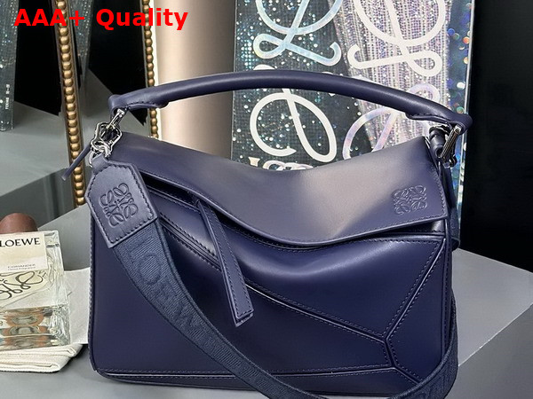 Loewe Small Puzzle Bag in Abyss Blue Satin Calfskin with Adjustable Canvas Shoulder Strap Replica