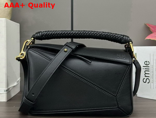 Loewe Small Puzzle Bag in Black Smooth Calfskin with Woven Handle Replica