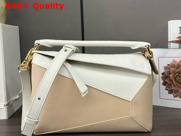 Loewe Small Puzzle Bag in Classic Calfskin and Suede Soft White and Paper Craft Replica