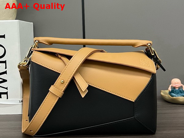 Loewe Small Puzzle Bag in Classic Calfskin and Suede Warm Desert and Black Replica