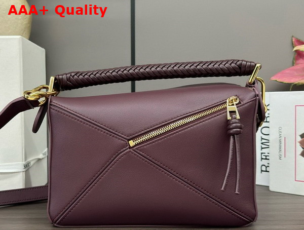 Loewe Small Puzzle Bag in Dark Burgundy Smooth Calfskin with Woven Handle Replica
