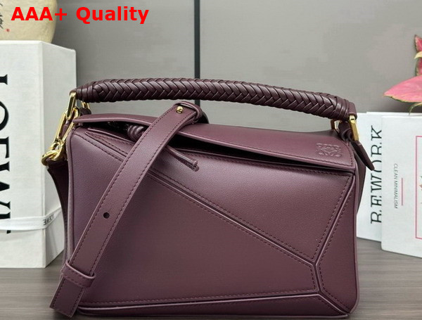 Loewe Small Puzzle Bag in Dark Burgundy Smooth Calfskin with Woven Handle Replica