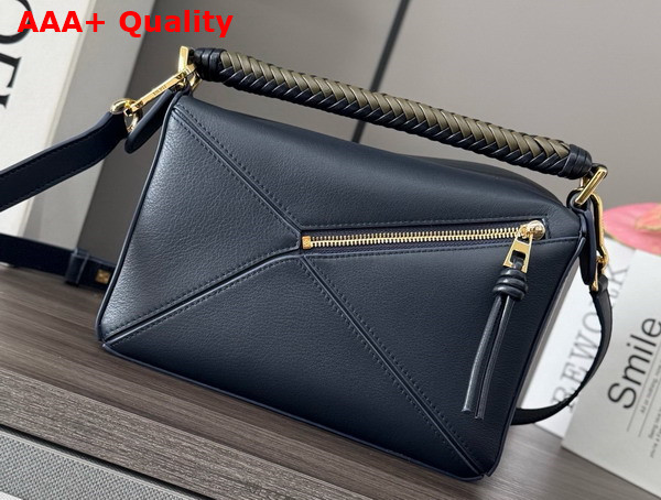 Loewe Small Puzzle Bag in Deep Navy Smooth Calfskin with Woven Handle Replica
