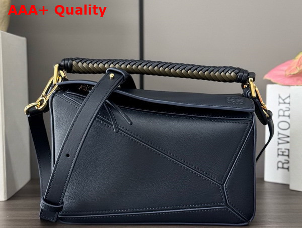 Loewe Small Puzzle Bag in Deep Navy Smooth Calfskin with Woven Handle Replica