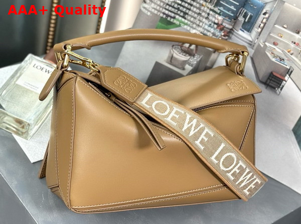 Loewe Small Puzzle Bag in Oak Satin Calfskin with Adjustable Canvas Shoulder Strap Replica
