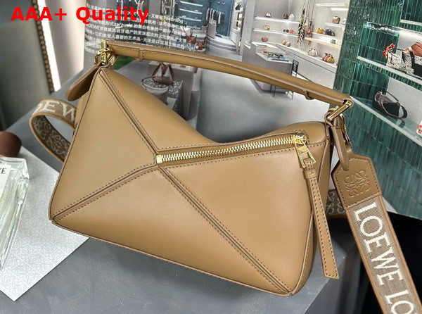 Loewe Small Puzzle Bag in Oak Satin Calfskin with Adjustable Canvas Shoulder Strap Replica