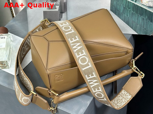 Loewe Small Puzzle Bag in Oak Satin Calfskin with Adjustable Canvas Shoulder Strap Replica