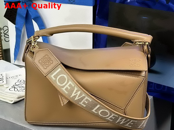 Loewe Small Puzzle Bag in Oak Satin Calfskin with Adjustable Canvas Shoulder Strap Replica