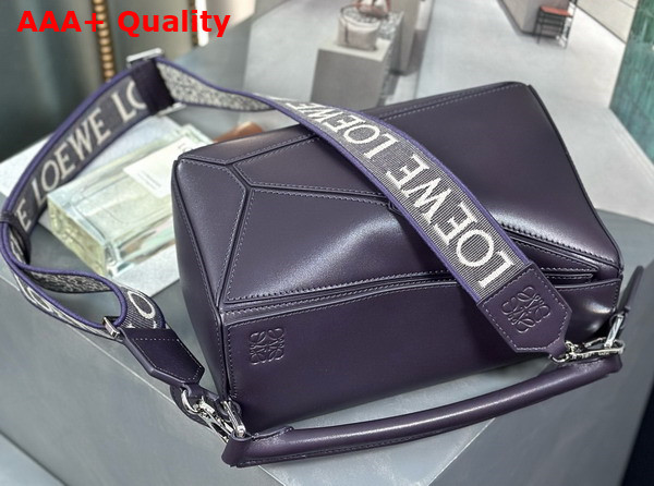 Loewe Small Puzzle Bag in Purple Satin Calfskin with Adjustable Canvas Shoulder Strap Replica