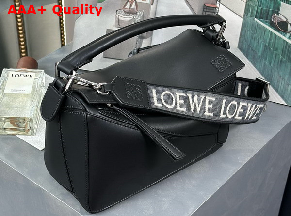 Loewe Small Puzzle Bag in Satin Calfskin with Canvas Shoulder Strap Black Replica