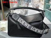 Loewe Small Puzzle Bag in Satin Calfskin with Canvas Shoulder Strap Black Replica