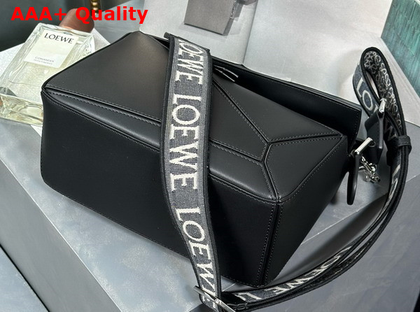 Loewe Small Puzzle Bag in Satin Calfskin with Canvas Shoulder Strap Black Replica