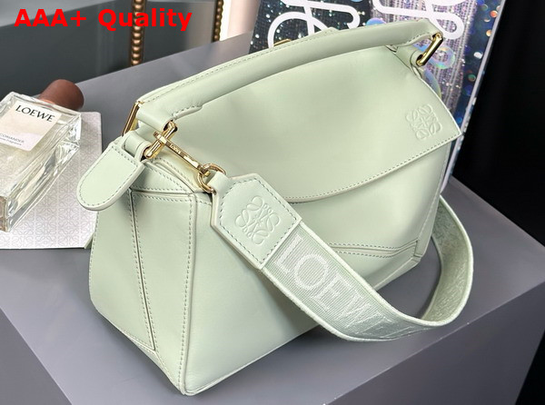 Loewe Small Puzzle Bag in Spring Jade Satin Calfskin with Adjustable Canvas Shoulder Strap Replica