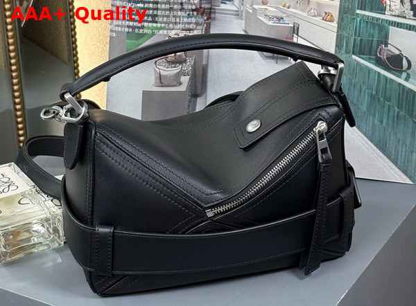 Loewe Small Puzzle Biker Bag in Black Shiny Calfskin Replica