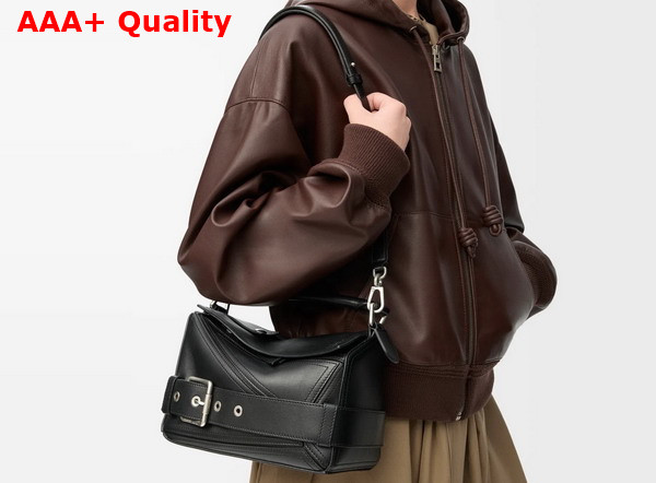 Loewe Small Puzzle Biker Bag in Black Shiny Calfskin Replica