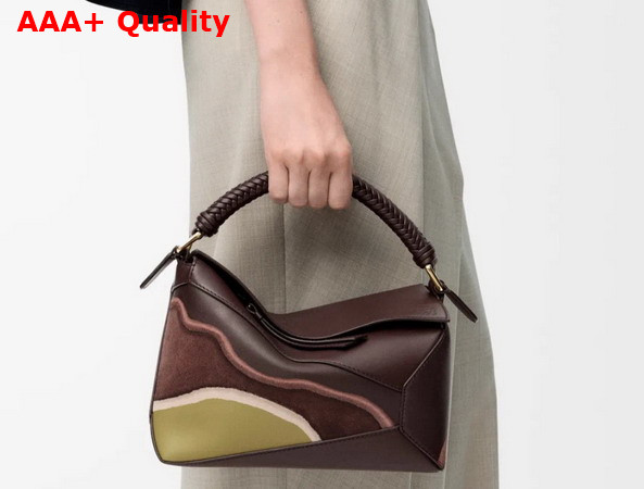 Loewe Small Puzzle Edge Landscape Bag in Chocolate Nappa Calfskin Replica