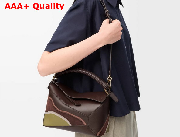 Loewe Small Puzzle Edge Landscape Bag in Chocolate Nappa Calfskin Replica