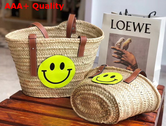 Loewe Small Smiley Basket Bag in Palm Leaf and Calfskin Natural and Neon Yellow Replica