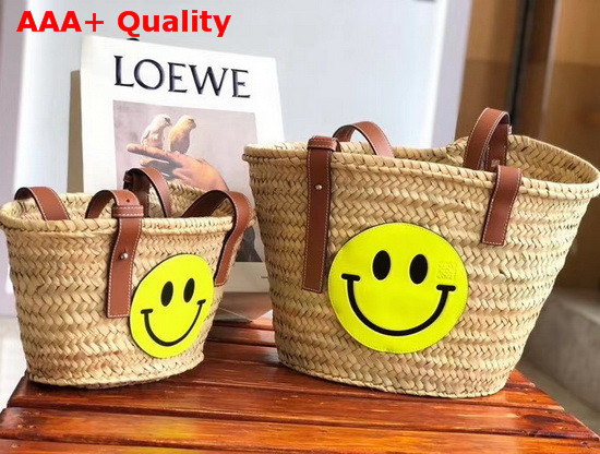 Loewe Smiley Basket Bag in Palm Leaf and Calfskin Natural and Neon Yellow Replica